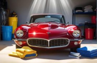 car care equipment like buckets and cloths with a clean shinny car