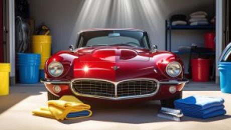 car care equipment like buckets and cloths with a clean shinny car